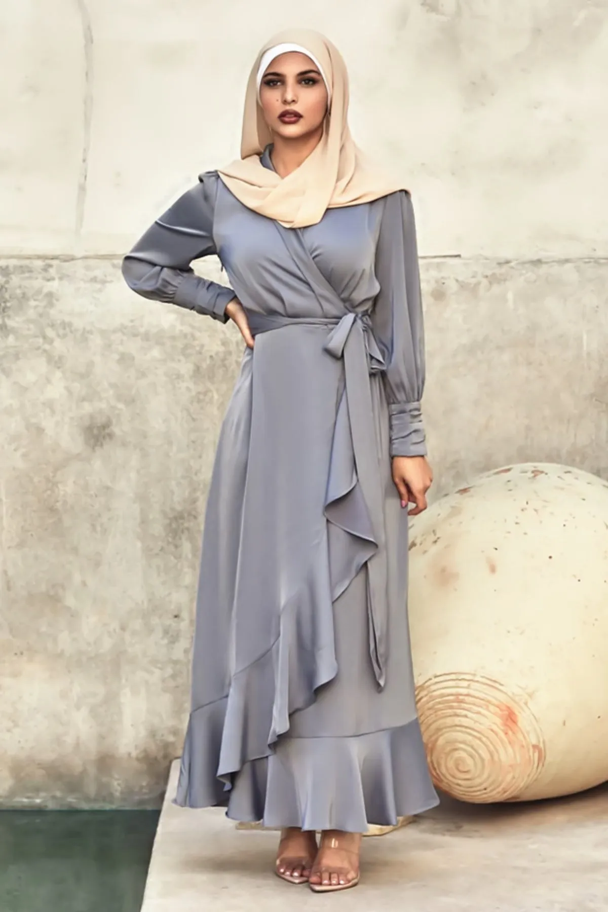 Solid Color Irregular Ruffle Tie Long Dress