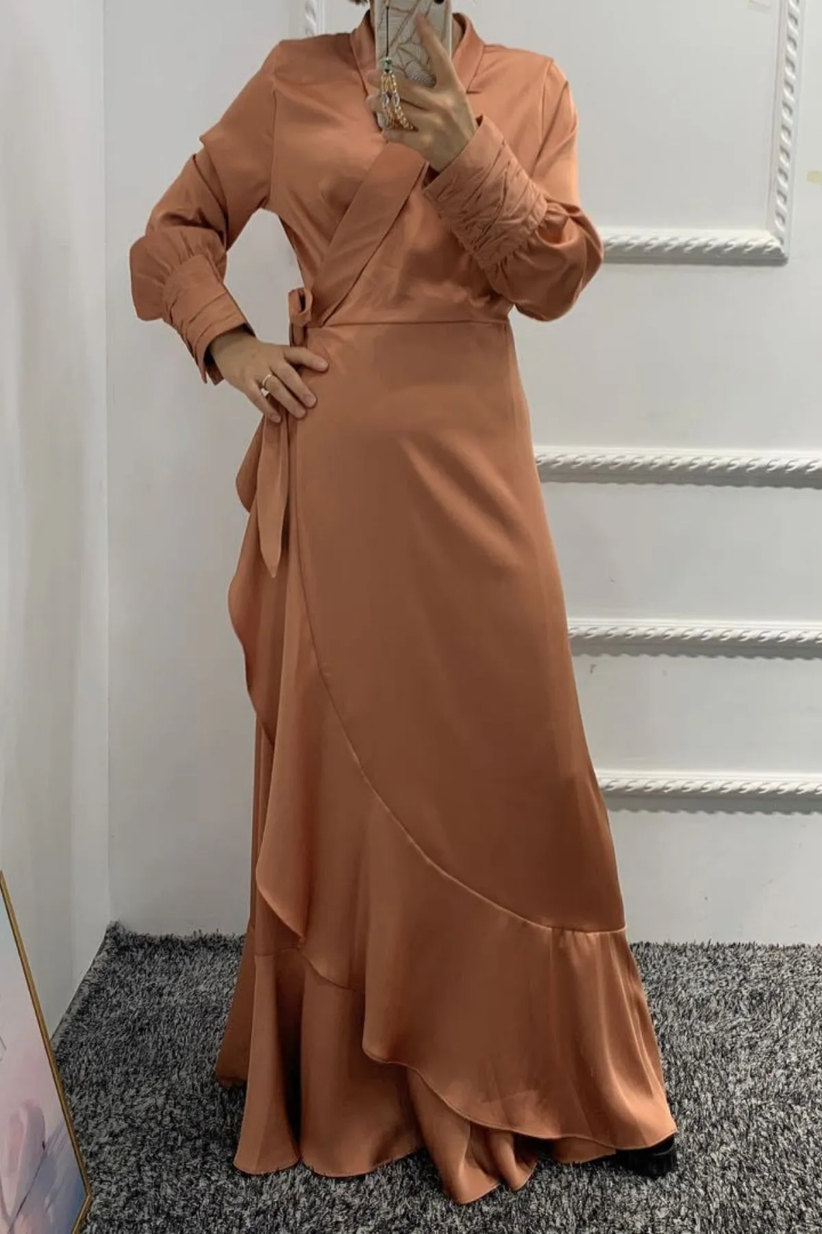 Solid Color Irregular Ruffle Tie Long Dress