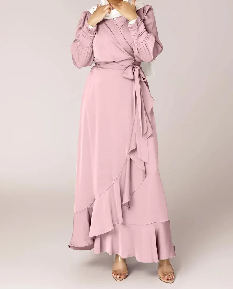 Solid Color Irregular Ruffle Tie Long Dress