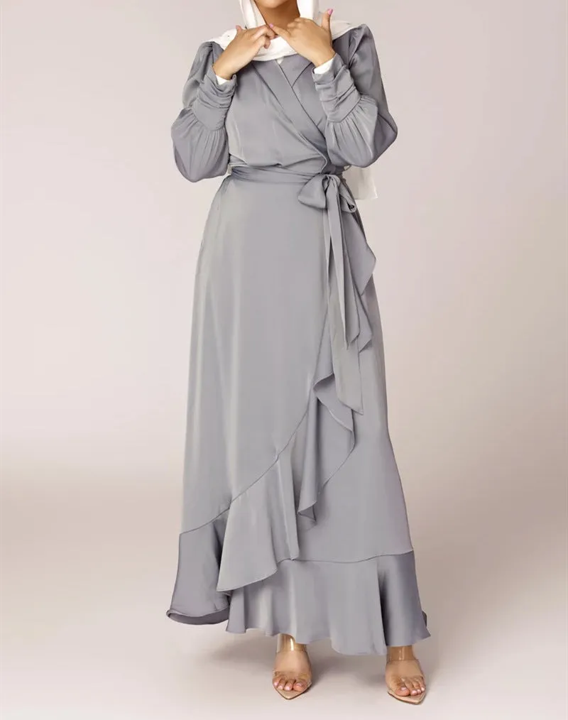 Solid Color Irregular Ruffle Tie Long Dress