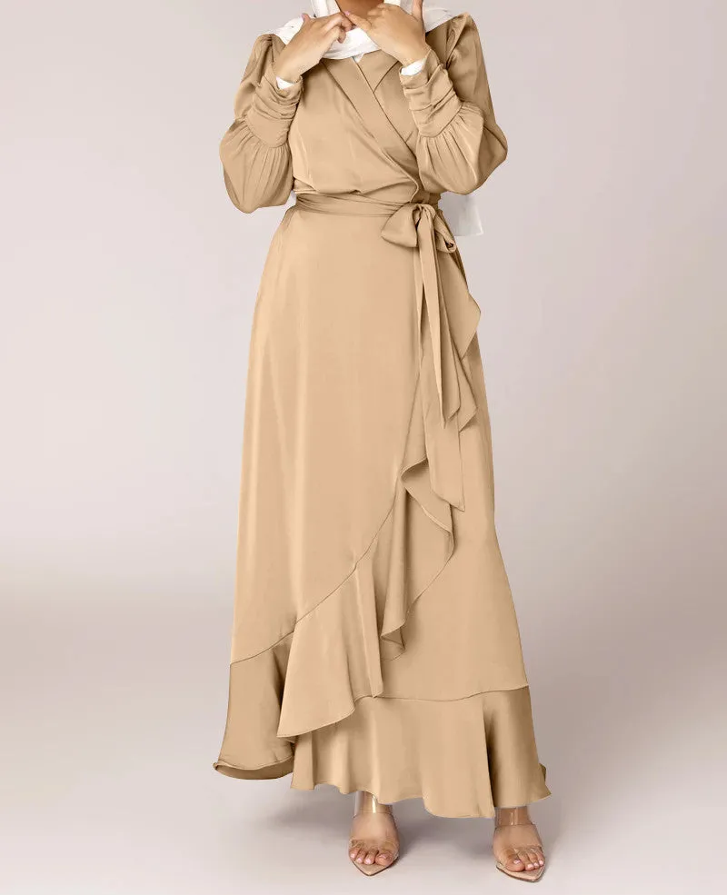 Solid Color Irregular Ruffle Tie Long Dress