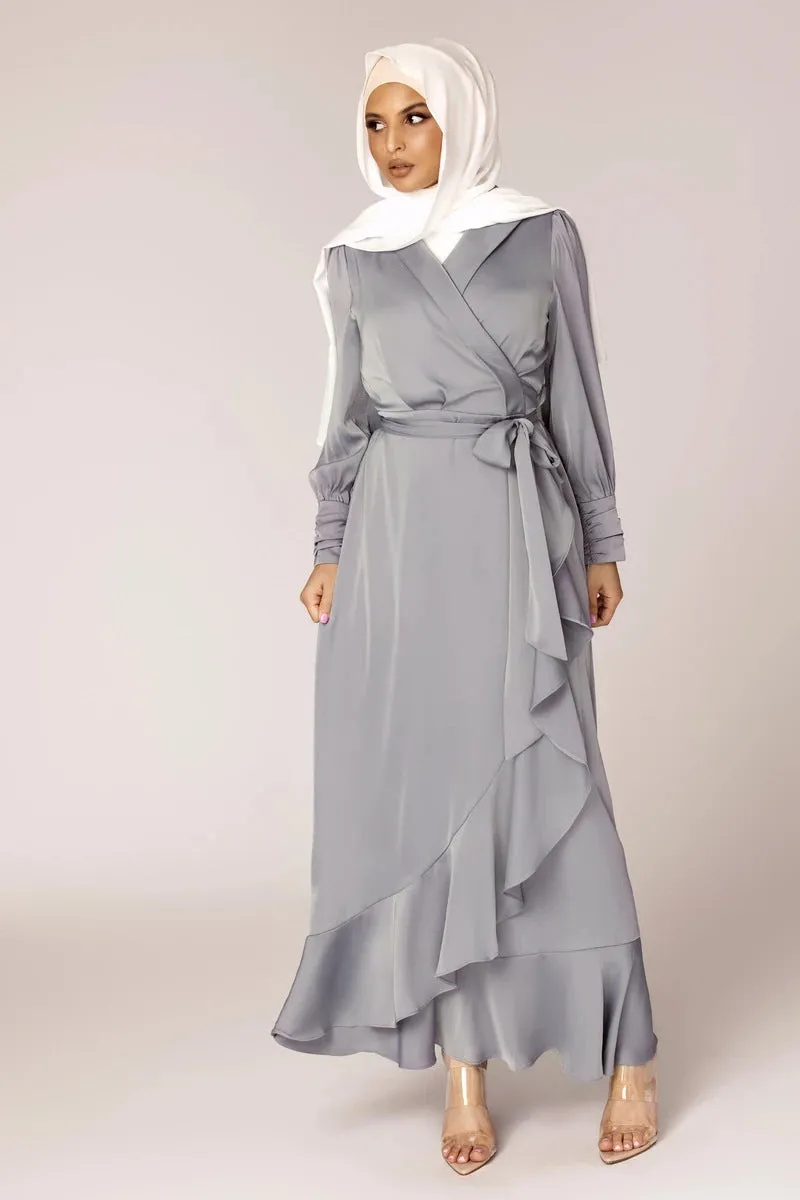 Solid Color Irregular Ruffle Tie Long Dress