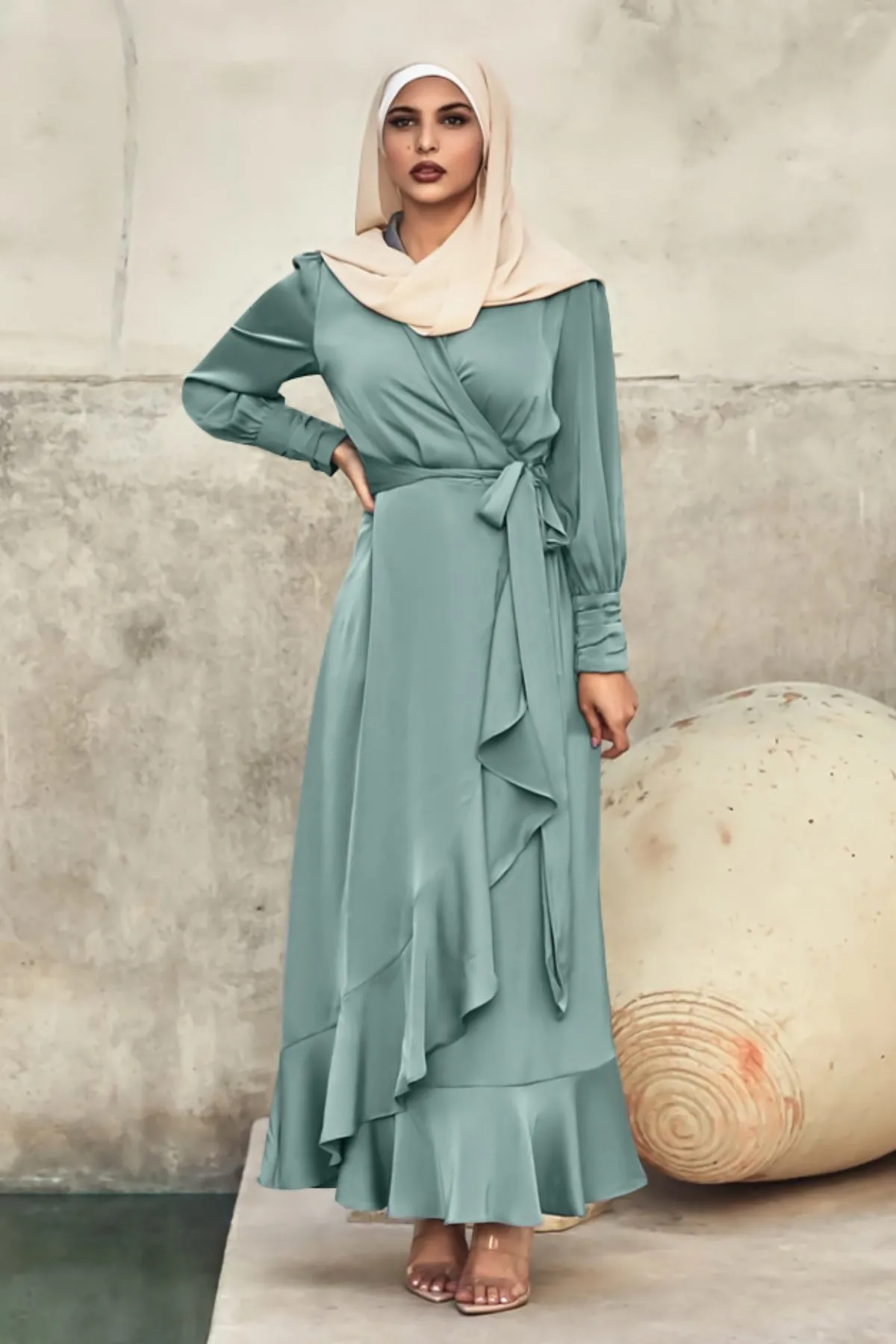 Solid Color Irregular Ruffle Tie Long Dress