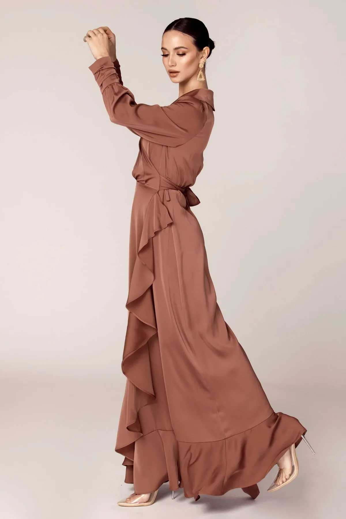 Solid Color Irregular Ruffle Tie Long Dress