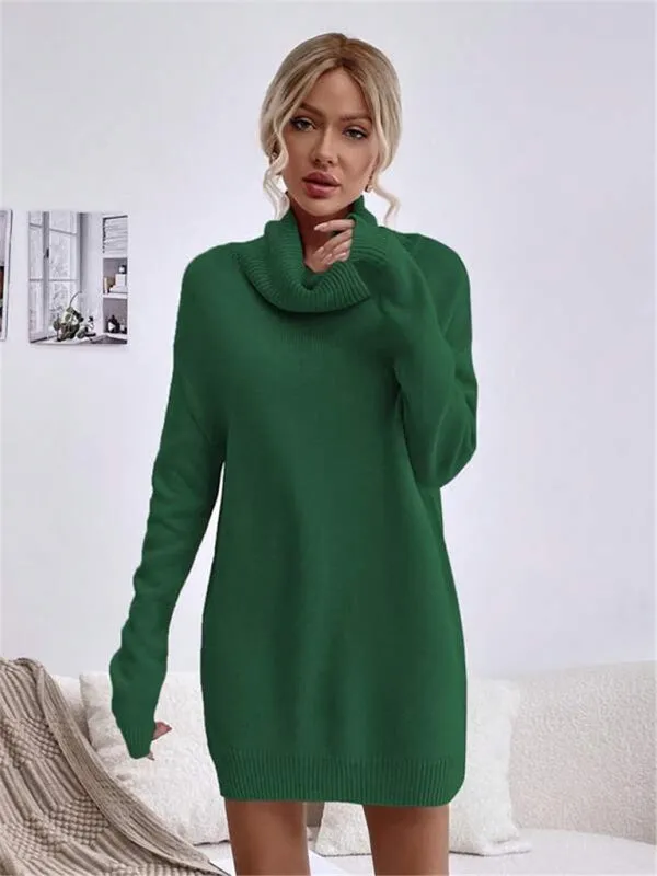 Solid Color Loose Turtleneck Knitted Sweater Dress