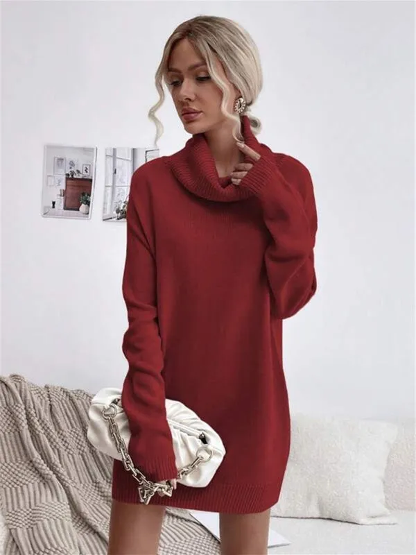 Solid Color Loose Turtleneck Knitted Sweater Dress