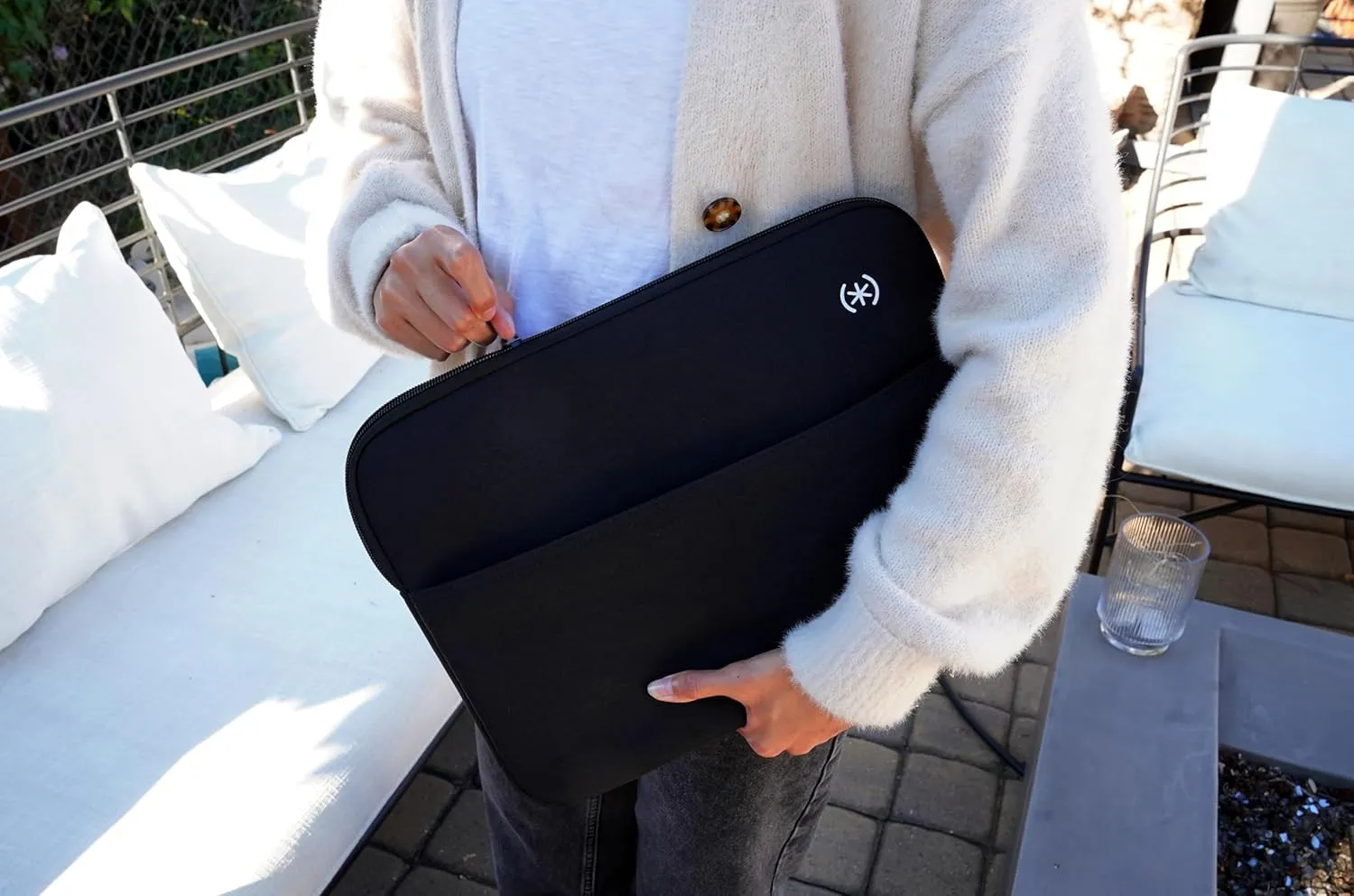 Speck Transfer Pro-Pocket Universal 13-14 Inch Laptop Sleeve with Front Pocket - Durable Protective Case for Laptops and Tablets - Compatible with MacBook Computers - Black/White