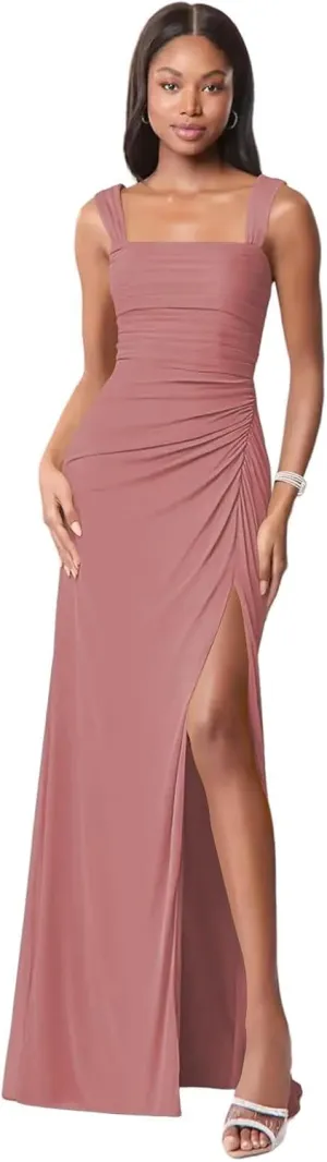 Square Neck Bridesmaid Dresses with Slit 2025 Long Chiffon Formal Wedding Guest Dress Hi010