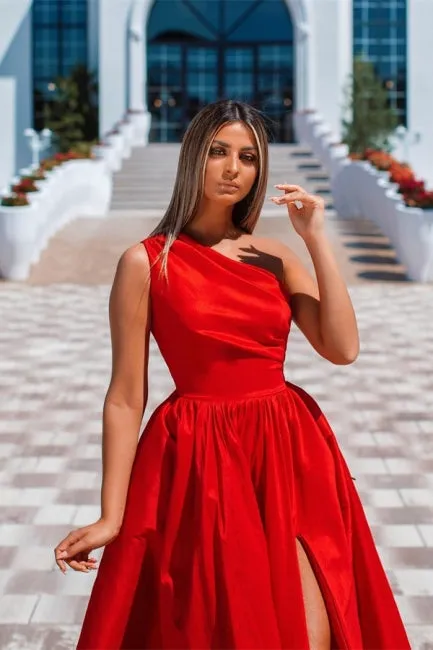 Suzhoufashion Classy Long Red A-line One Shoulder Satin Sleeveless Evening Dresses With Slit