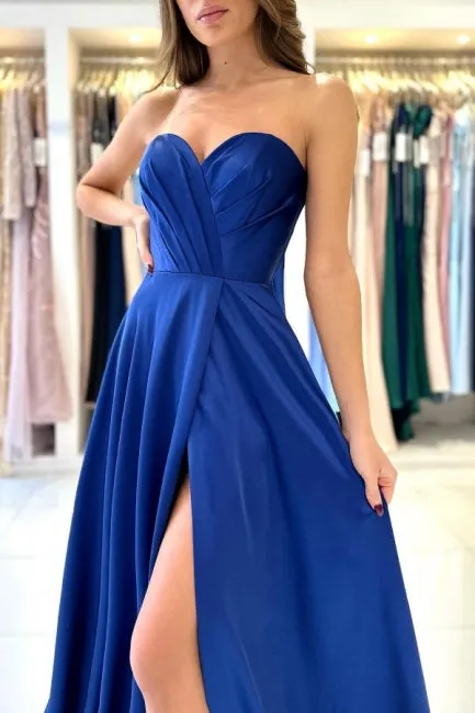 Sweetheart Classy Long Royal Blue Sleeveless Prom Dresses With Split Online