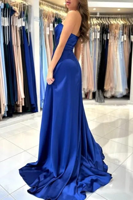Sweetheart Classy Long Royal Blue Sleeveless Prom Dresses With Split Online