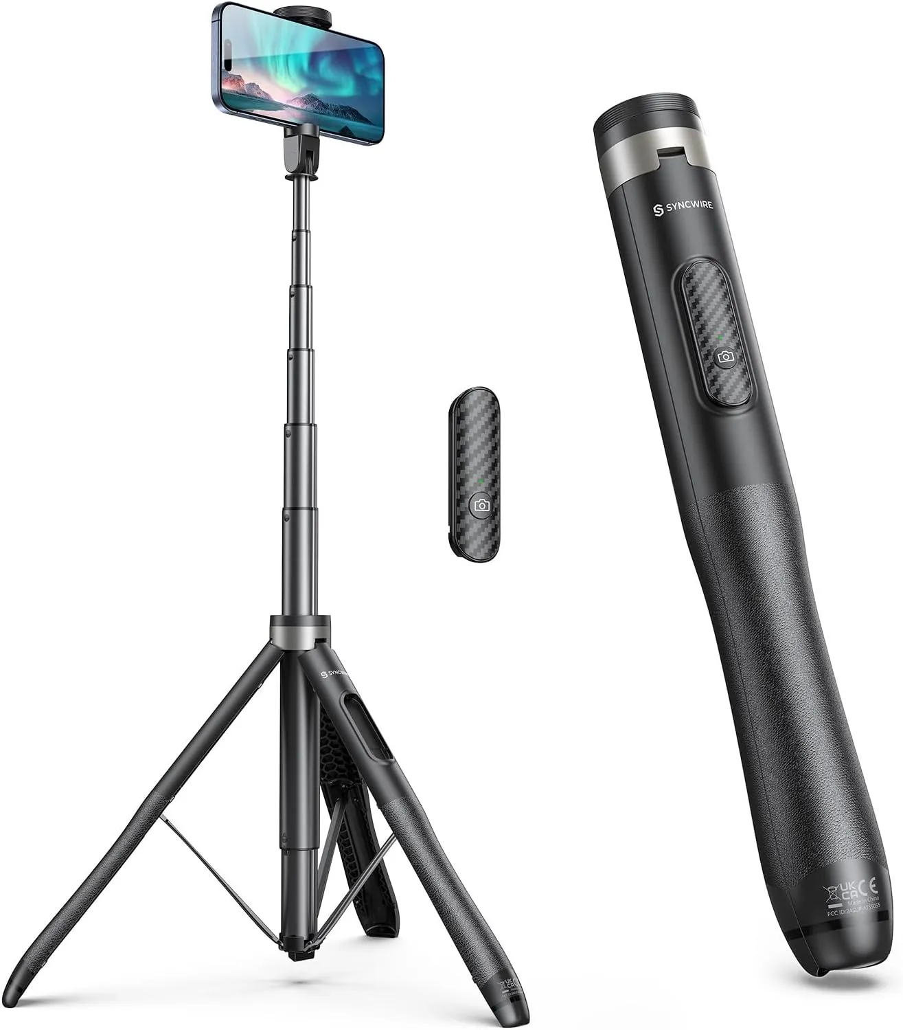 SYNCWIRE 53.5" Phone Tripod, Selfie Stick Tripod with Bluetooth Remote, All-in-One Aluminum Phone Tripod Stand for 4-7 iPhone and Android Smartphones, Black