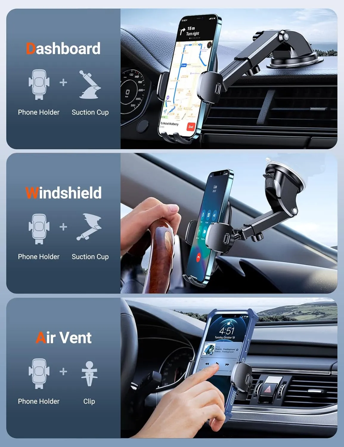 TORRAS [Ultra-Durable Cell Phone Holder for Car, Universal Mount Dashboard Windshield Vent Compatible with iPhone 16 15 14 13 12 Pro Max, Samsung Galaxy S23  Ultra S10 Note Plus