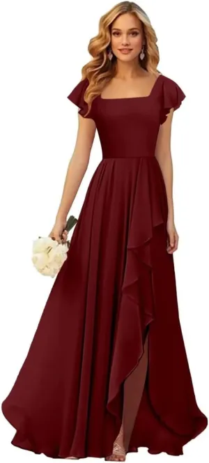 TORYEMY Chiffon Bridesmaid Dresses with Sleeves Long Square Neck Ruffle Formal Evening Dresses for Wedding