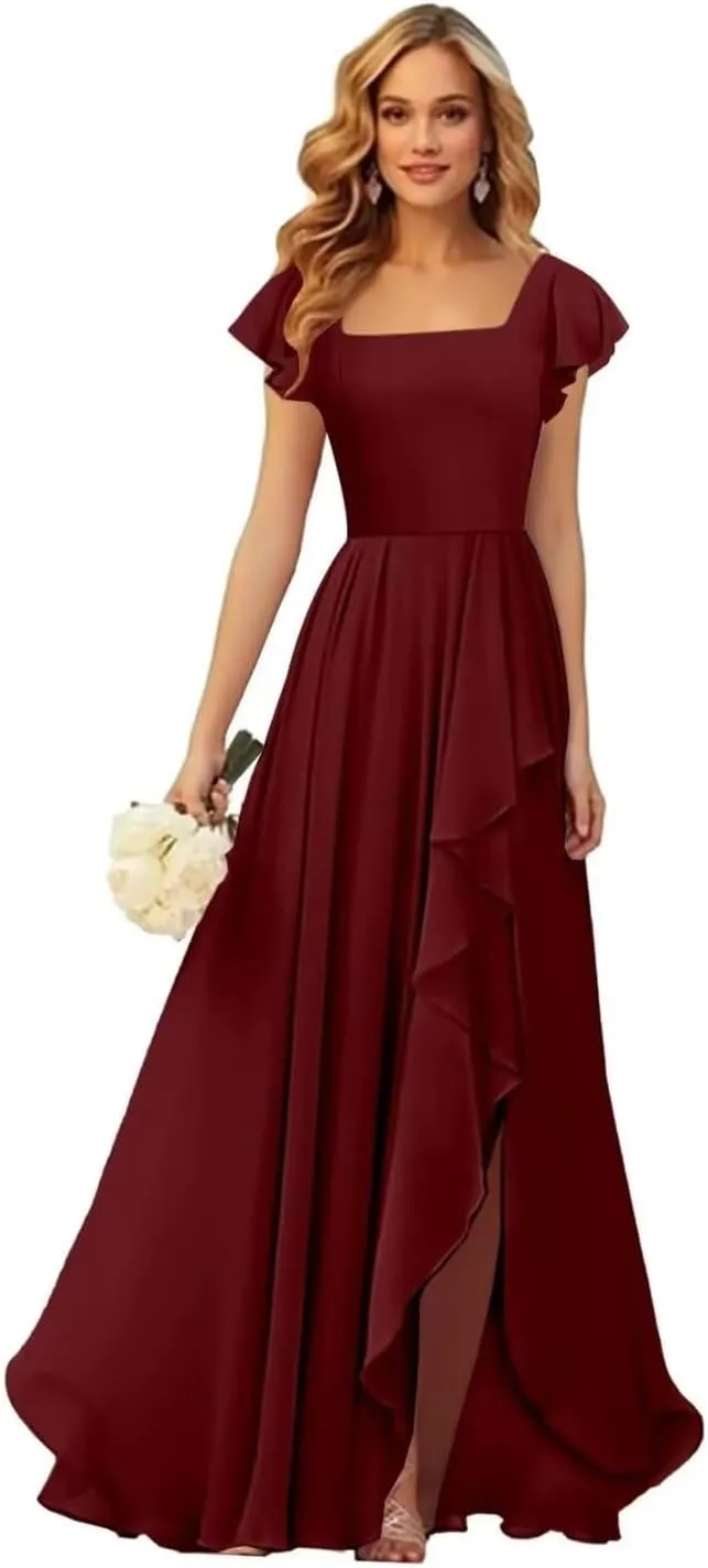 TORYEMY Chiffon Bridesmaid Dresses with Sleeves Long Square Neck Ruffle Formal Evening Dresses for Wedding