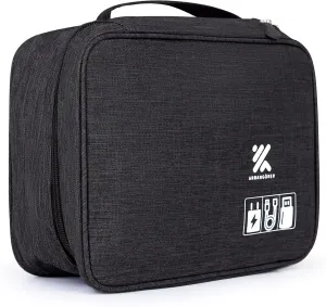 Travel Cable Organizer Bag for Adapters, Cords, and Phone, Mobile Device, Gaming, and Tech Accessories, Waterproof Compact and Portable Storage for Audio and Visual Cabling (Black)
