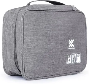 Travel Cable Organizer Bag for Adapters, Cords, and Phone, Mobile Device, Gaming, and Tech Accessories, Waterproof Compact and Portable Storage for Audio and Visual Cabling (Grey)
