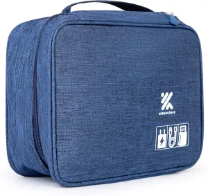 Travel Cable Organizer Bag for Adapters, Cords, and Phone, Mobile Device, Gaming, and Tech Accessories, Waterproof Compact and Portable Storage for Audio and Visual Cabling (Navy Blue)