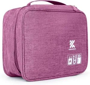 Travel Cable Organizer Bag for Adapters, Cords, and Phone, Mobile Device, Gaming, and Tech Accessories, Waterproof Compact and Portable Storage for Audio and Visual Cabling (Purple)