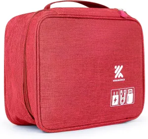 Travel Cable Organizer Bag for Adapters, Cords, and Phone, Mobile Device, Gaming, and Tech Accessories, Waterproof Compact and Portable Storage for Audio and Visual Cabling (Red)