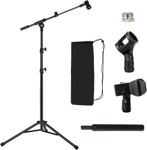 Tripod Mic Stand Floor Boom Arm for Blue Yeti Shure SM58 SM57 SM48 Samson Q2U Fifine K6 K688 AM8, Floor Microphone Stand with Carrying Bag, 3/8" to 5/8" Adapter, 2 Mic Clips and Cable Ties