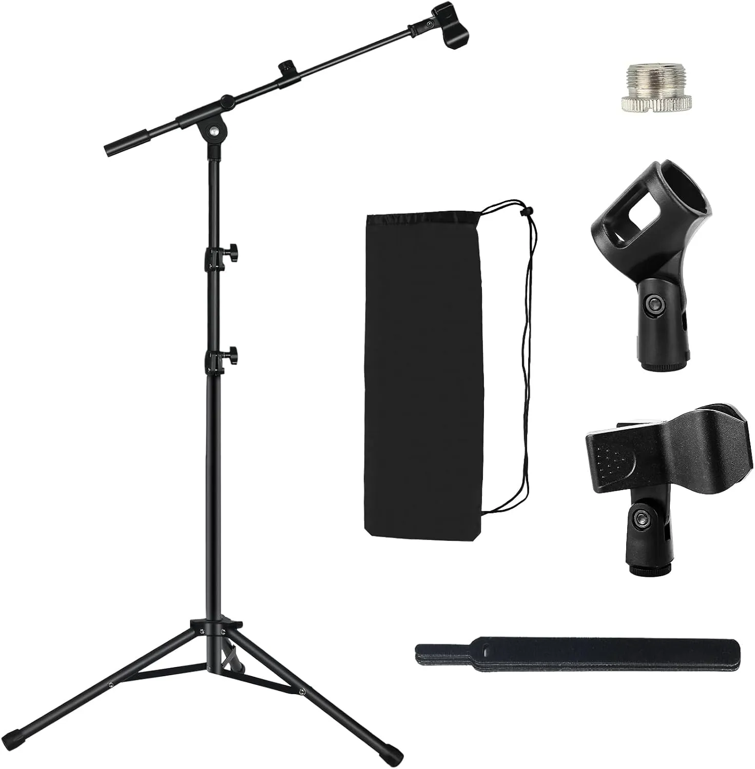 Tripod Mic Stand Floor Boom Arm for Blue Yeti Shure SM58 SM57 SM48 Samson Q2U Fifine K6 K688 AM8, Floor Microphone Stand with Carrying Bag, 3/8" to 5/8" Adapter, 2 Mic Clips and Cable Ties
