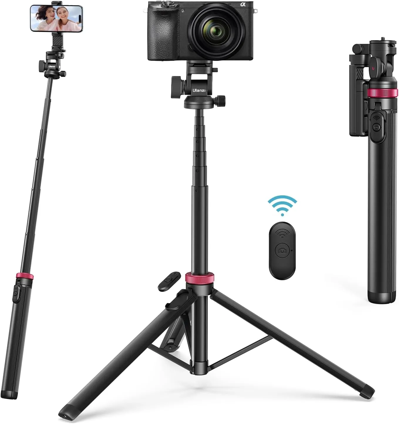 ULANZI MT-78 Extendable Selfie Stick Tripod, 72.83" with 2-in-1 Phone Clip, 360 Ball Head, Cold Shoe for iPhone, Sony, Canon