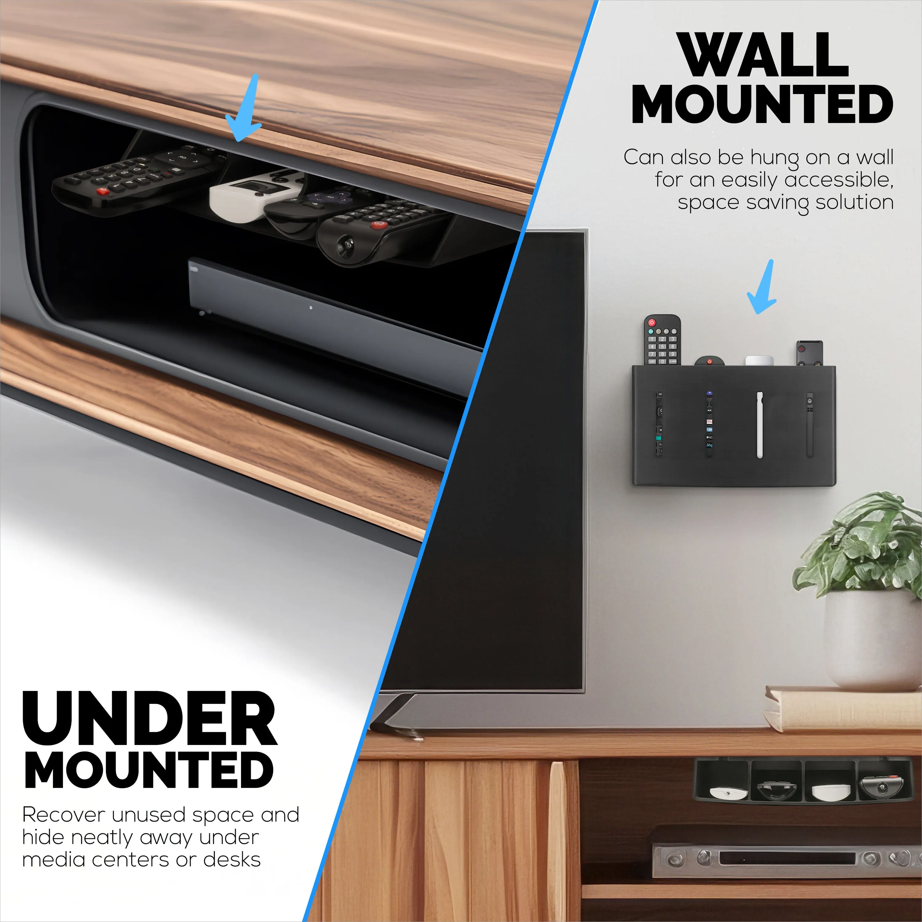 Universal Remote Control Holder  Removable Wall & Under-Desk Mount for TV, DVD, Streaming, AC Remotes & More  Space-Saving Organizer