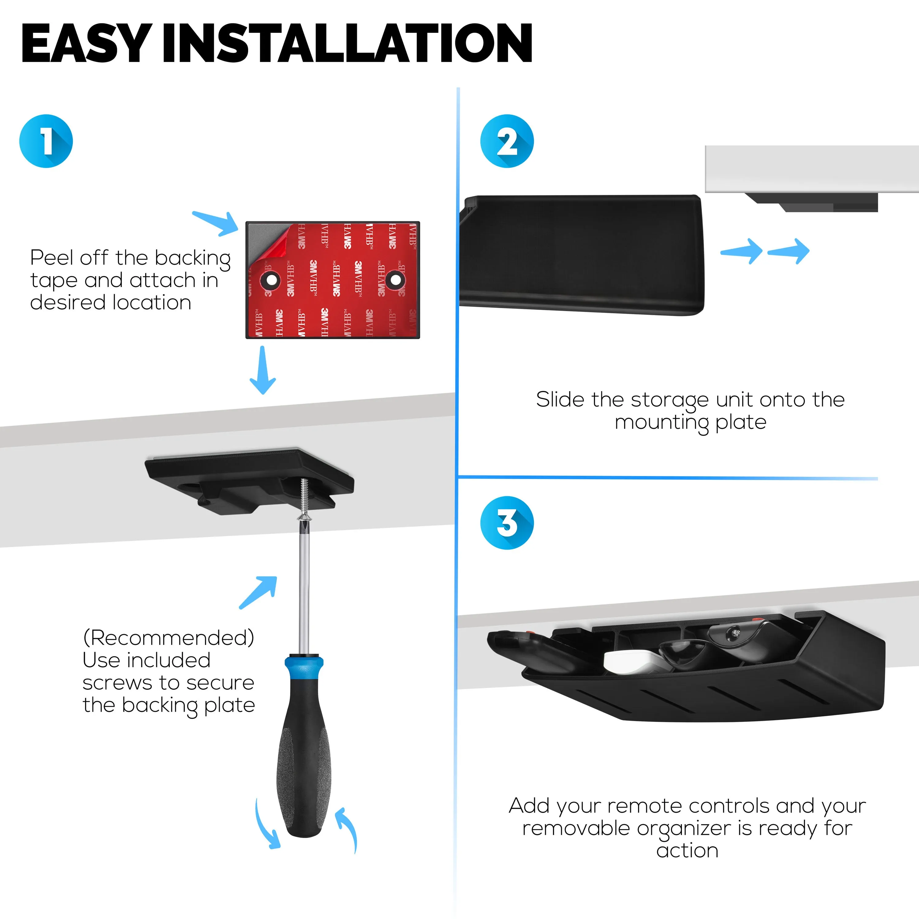 Universal Remote Control Holder  Removable Wall & Under-Desk Mount for TV, DVD, Streaming, AC Remotes & More  Space-Saving Organizer