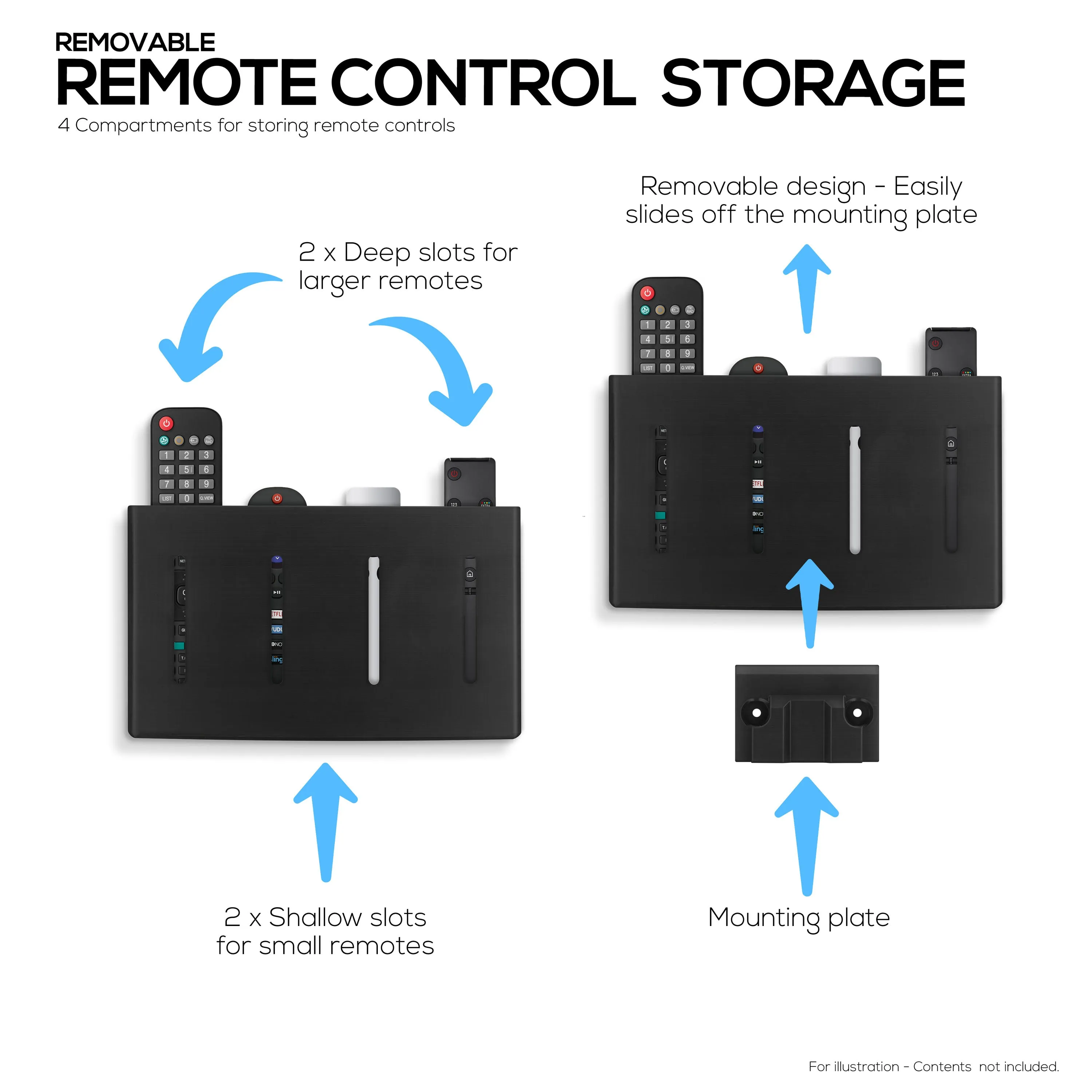 Universal Remote Control Holder  Removable Wall & Under-Desk Mount for TV, DVD, Streaming, AC Remotes & More  Space-Saving Organizer