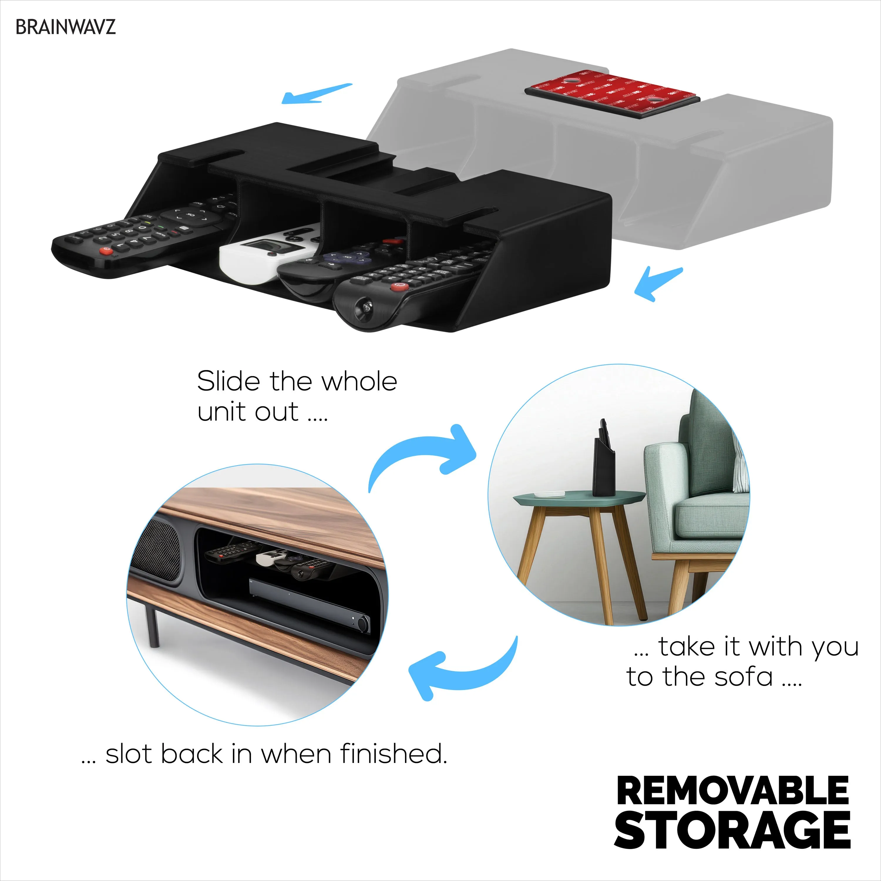 Universal Remote Control Holder  Removable Wall & Under-Desk Mount for TV, DVD, Streaming, AC Remotes & More  Space-Saving Organizer