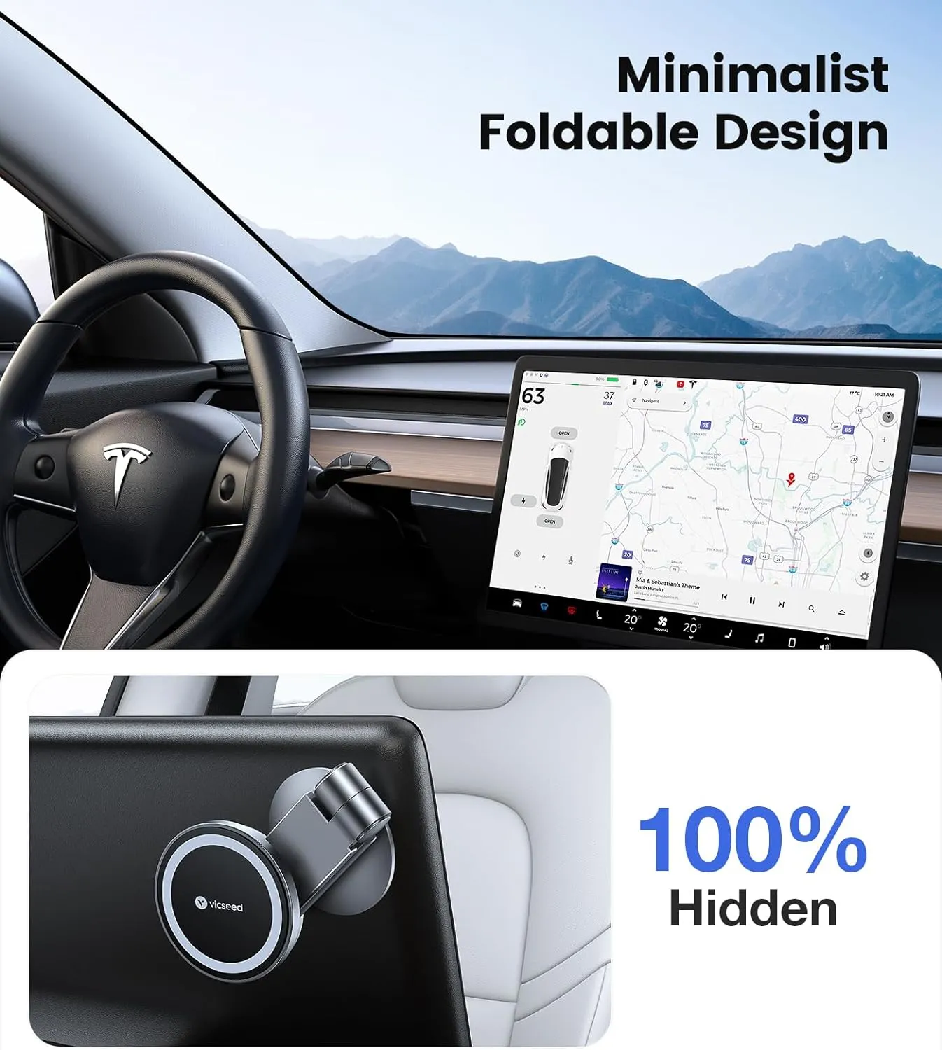 VICSEED Tesla Phone MountStrongest Magnet PowerMagSafe Car Mount for Tesla Model 3 Model Y, Foldable Hidden Phone Holder Fit for All Phone, Tesla Model 3 Accessories