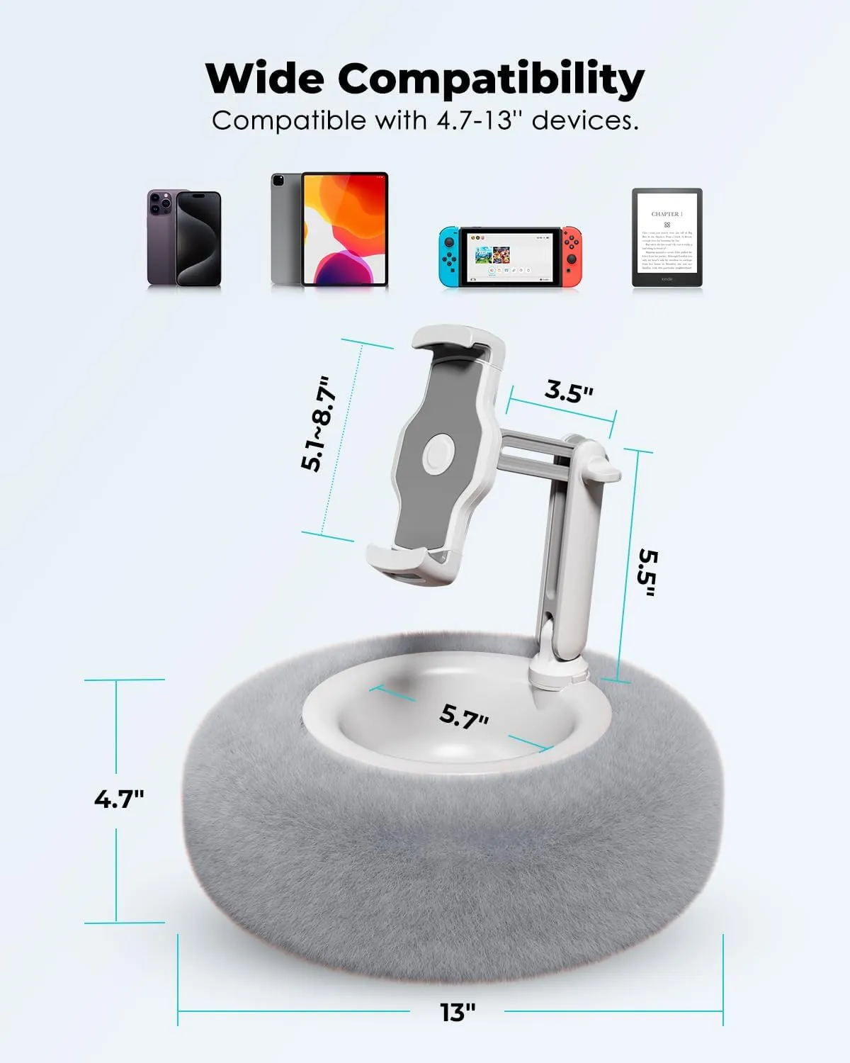 Viozon Tablet Stand Pillow, Compatible with 4.7"-13" Phone/Tablet, iPad, iPhone, Samsung, Google, Kindle, 360Adjustable Phone Holder for Bed with Soft Plush Fabric, and Detachable Bowl, Grey