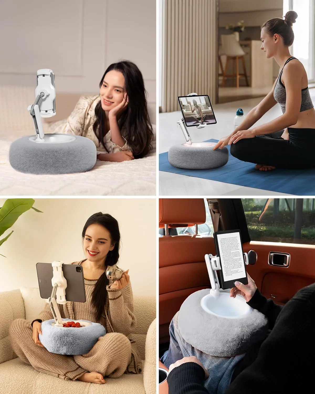 Viozon Tablet Stand Pillow, Compatible with 4.7"-13" Phone/Tablet, iPad, iPhone, Samsung, Google, Kindle, 360Adjustable Phone Holder for Bed with Soft Plush Fabric, and Detachable Bowl, Grey
