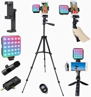 Vlogging Kit for iPhone, Vlogging Kit for Andriod Phone, Content Creator Essentials w/RotatableHolder/Lavalier Mic/RGB Light/Remote/Extendable Tripod (50IN Tripod)