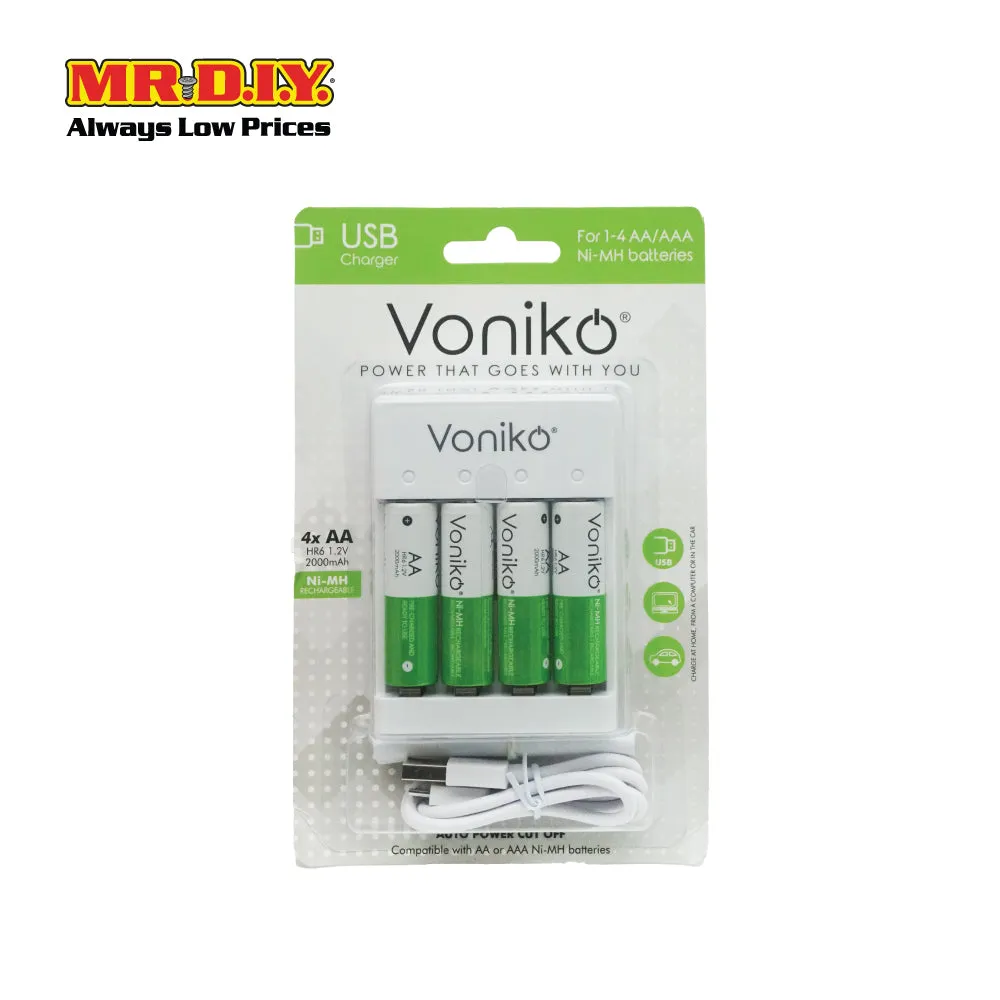 VONIKO USB Rechargeable Auto Power Cut Off Battery with Charger HR6 1.2V AA Set 2000mAh (4 x AA)