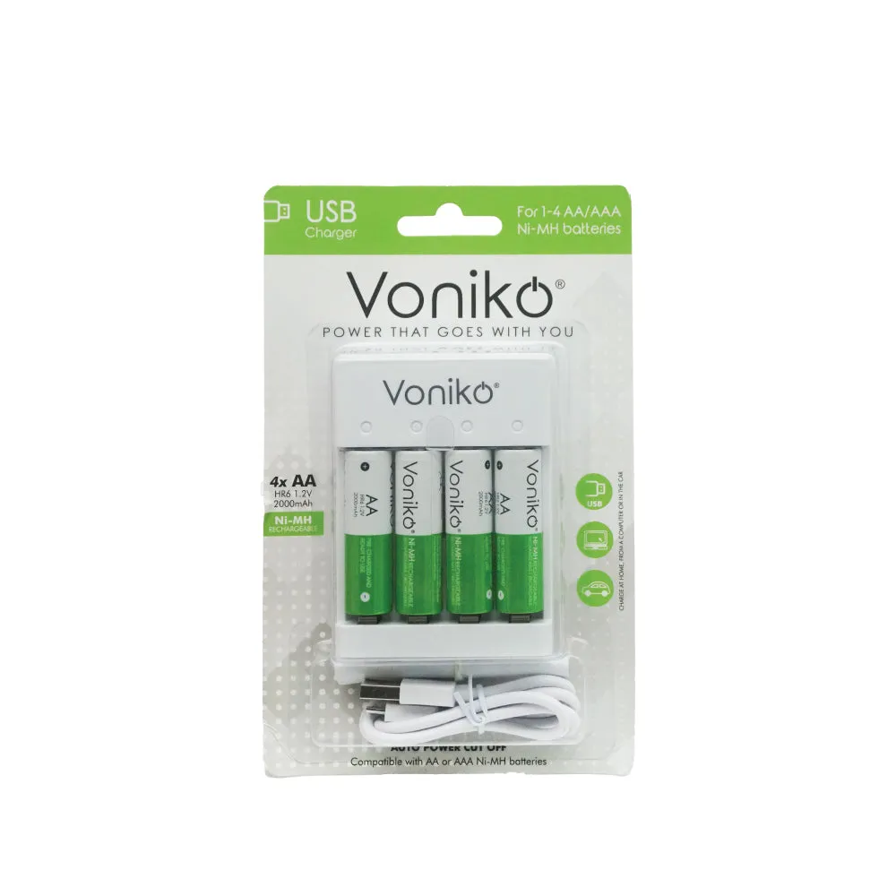 VONIKO USB Rechargeable Auto Power Cut Off Battery with Charger HR6 1.2V AA Set 2000mAh (4 x AA)