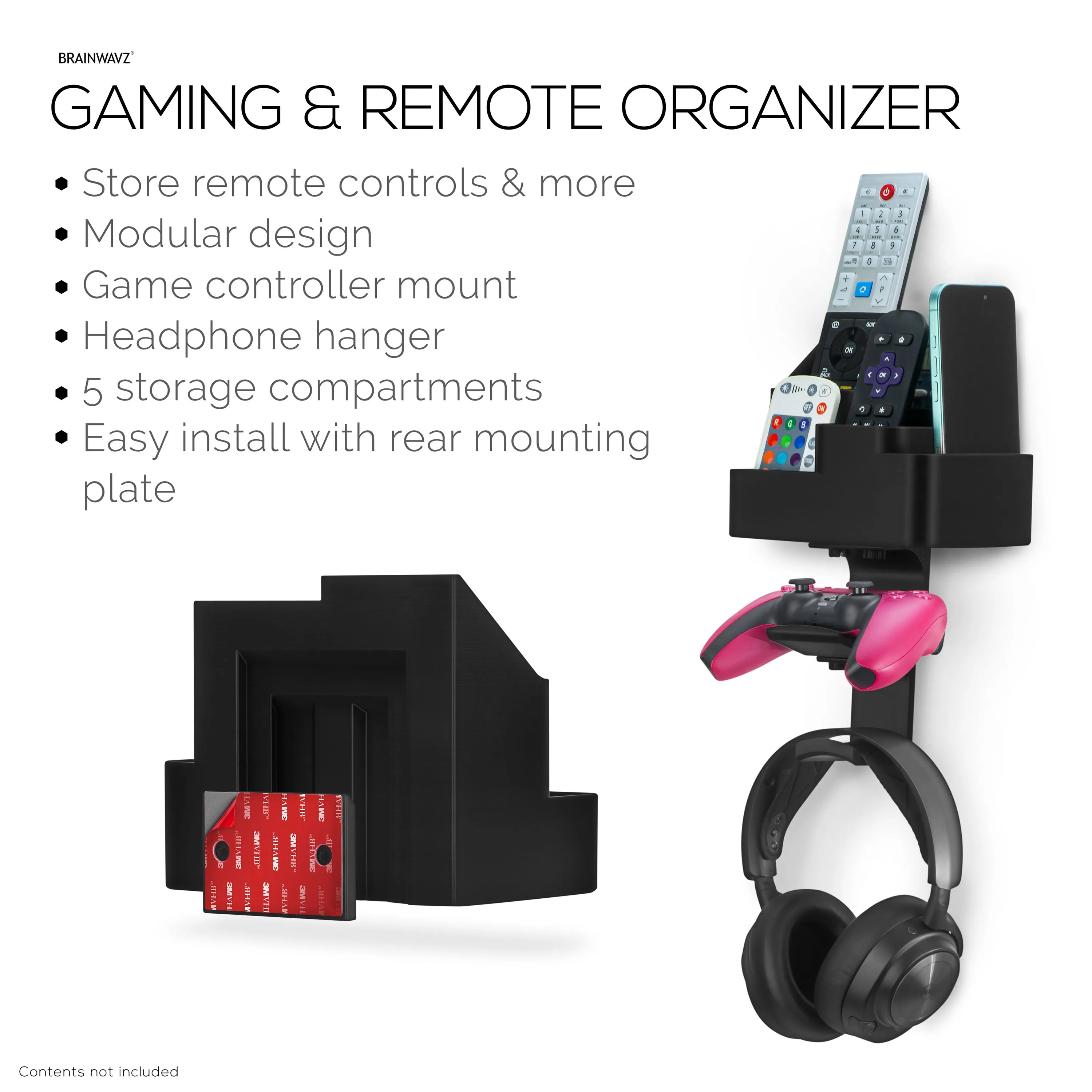Wall-Mounted Remote & Gaming Organizer  Remote/Mobile Holder with Removable Headset & Controller Hangers