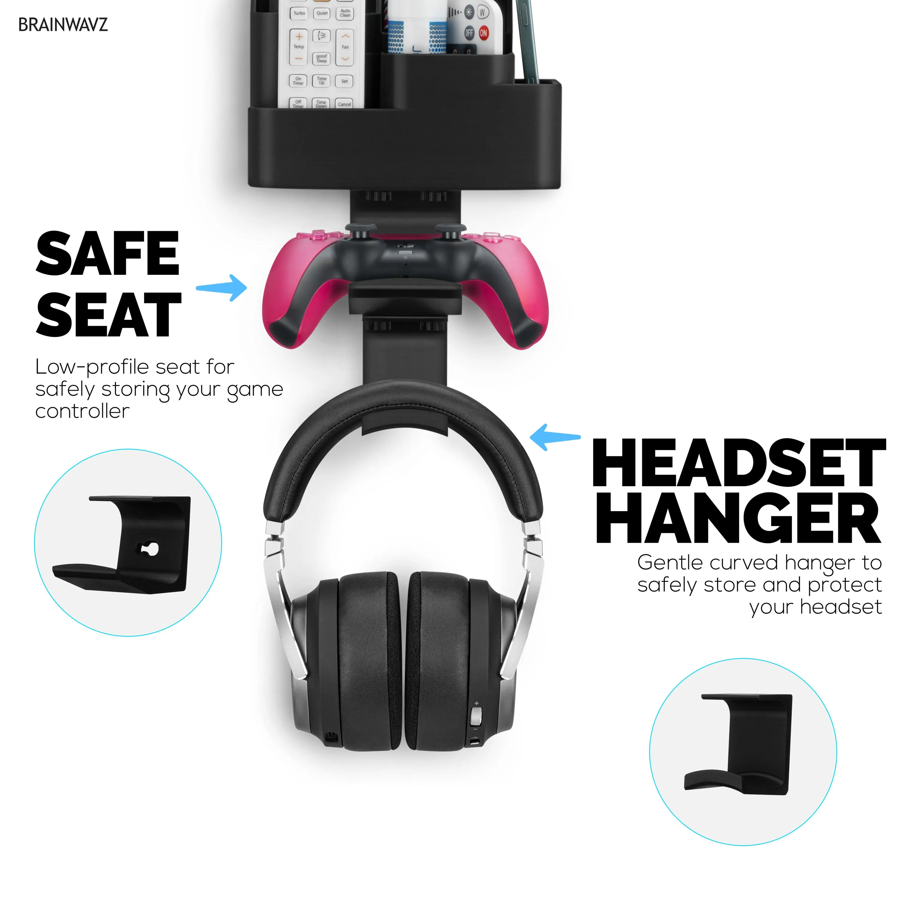 Wall-Mounted Remote & Gaming Organizer  Remote/Mobile Holder with Removable Headset & Controller Hangers