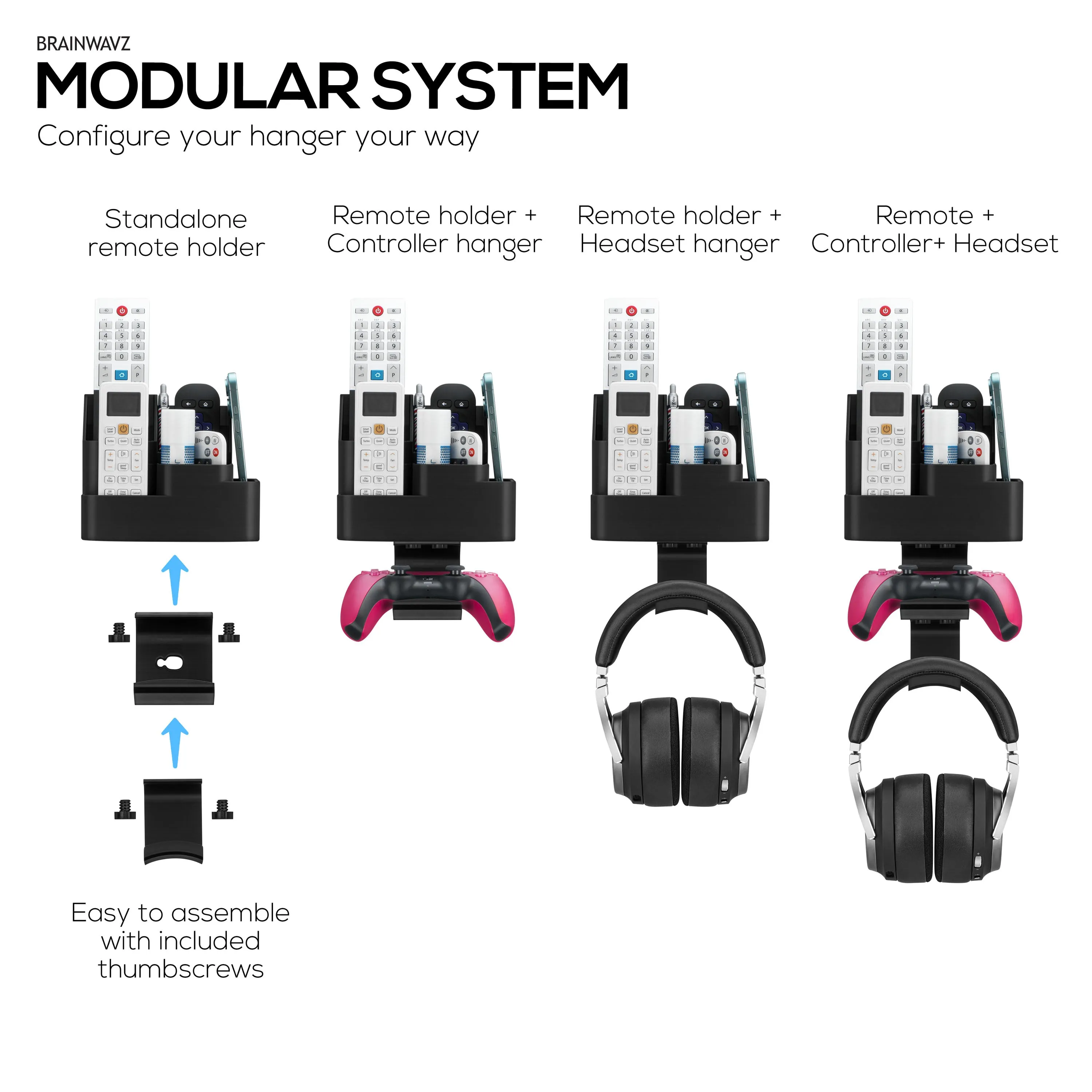 Wall-Mounted Remote & Gaming Organizer  Remote/Mobile Holder with Removable Headset & Controller Hangers