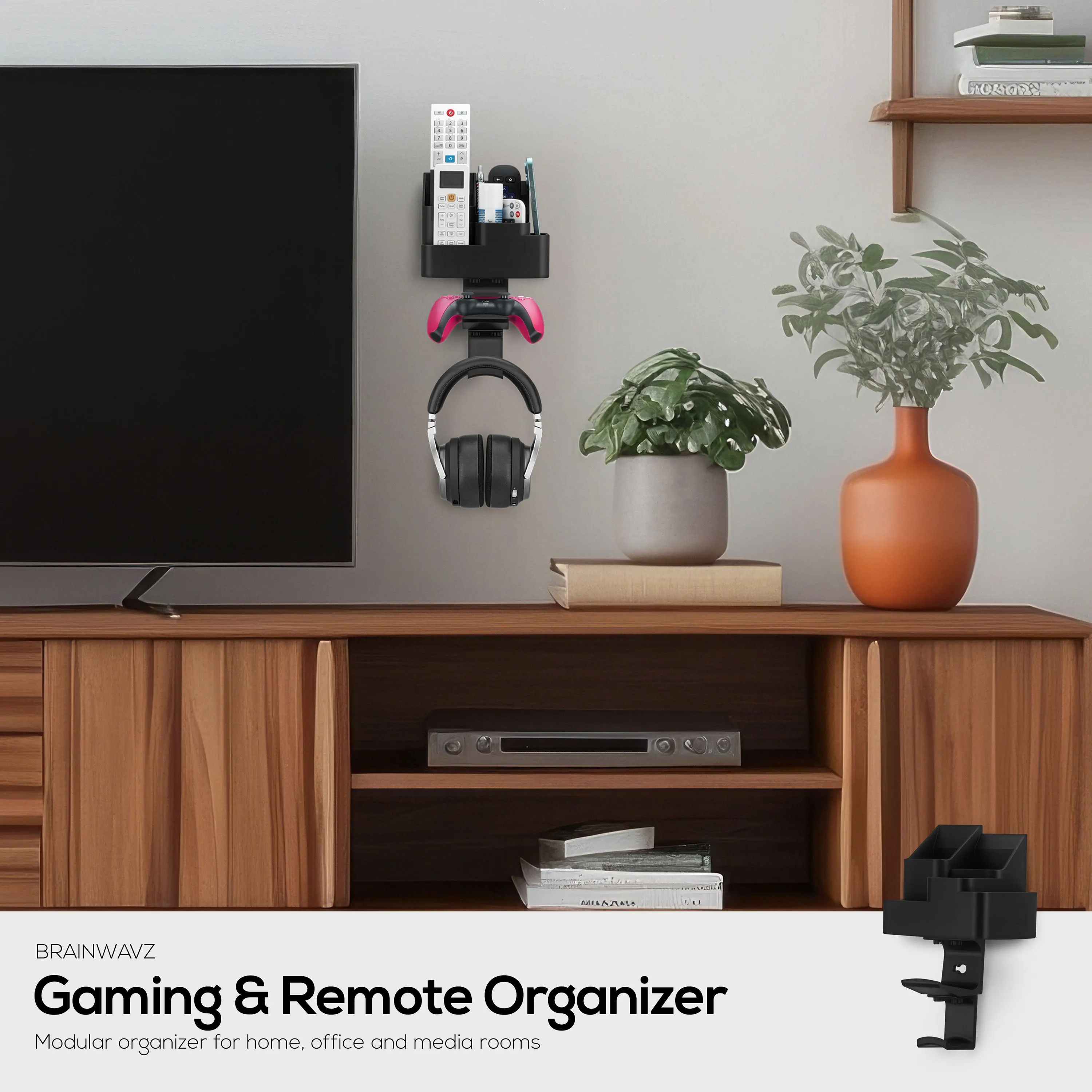 Wall-Mounted Remote & Gaming Organizer  Remote/Mobile Holder with Removable Headset & Controller Hangers