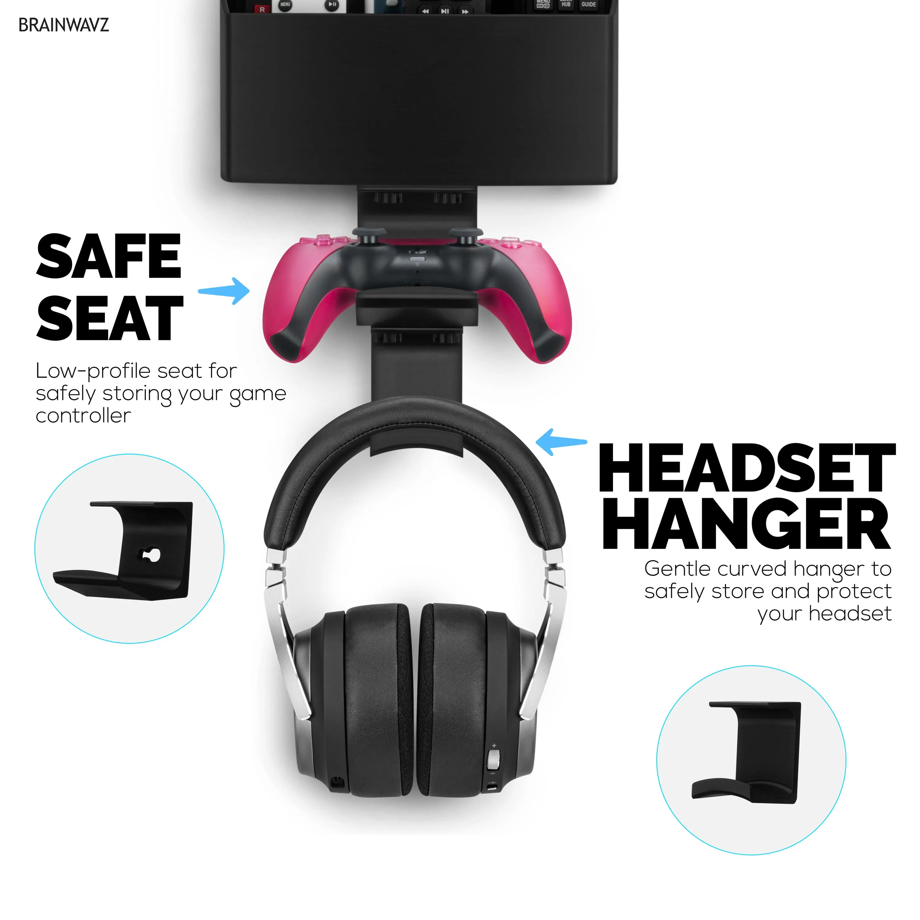 Wall-Mounted TV Remote Control & Gaming Organizer  Remote Holder with Removable Headset & Controller Hangers