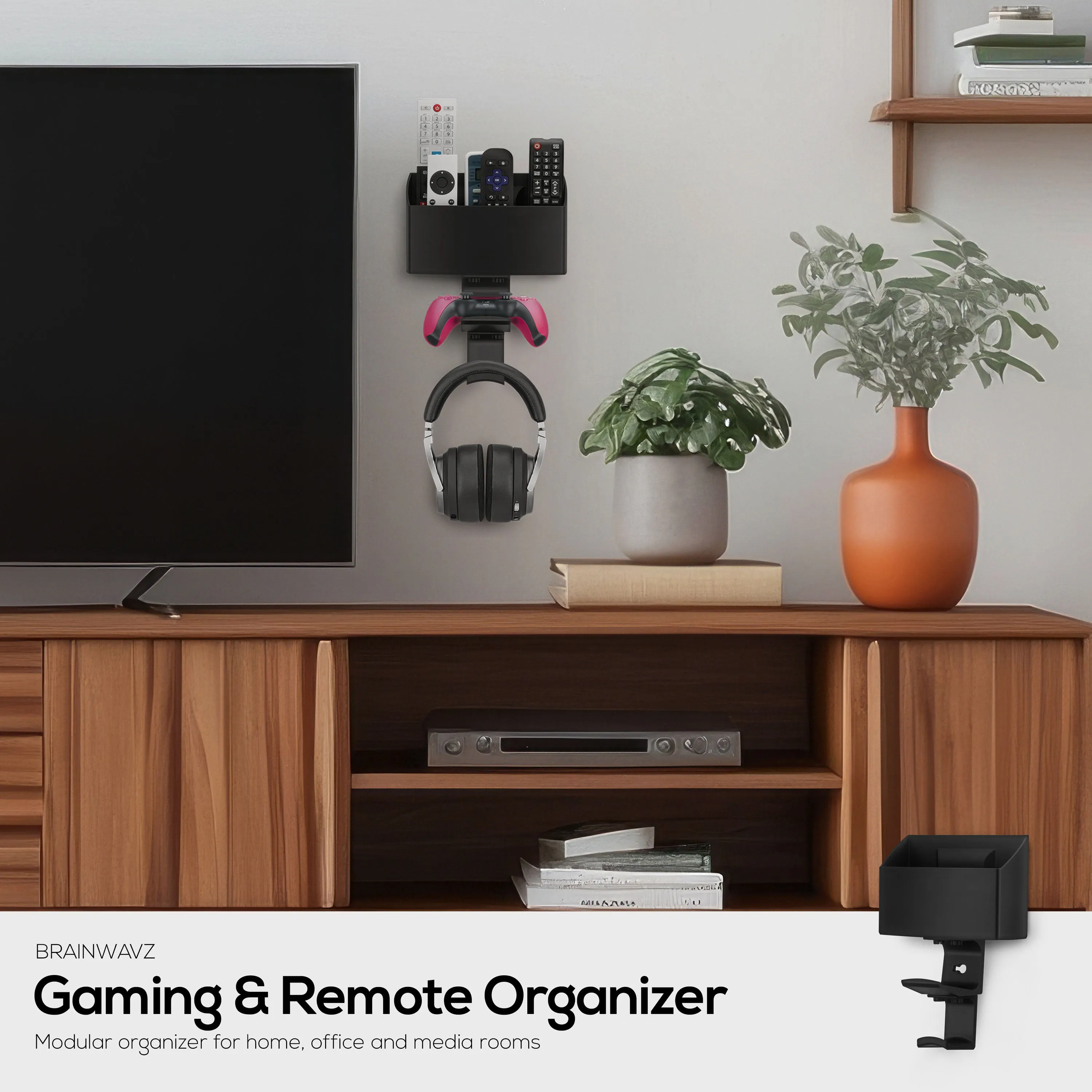 Wall-Mounted TV Remote Control & Gaming Organizer  Remote Holder with Removable Headset & Controller Hangers