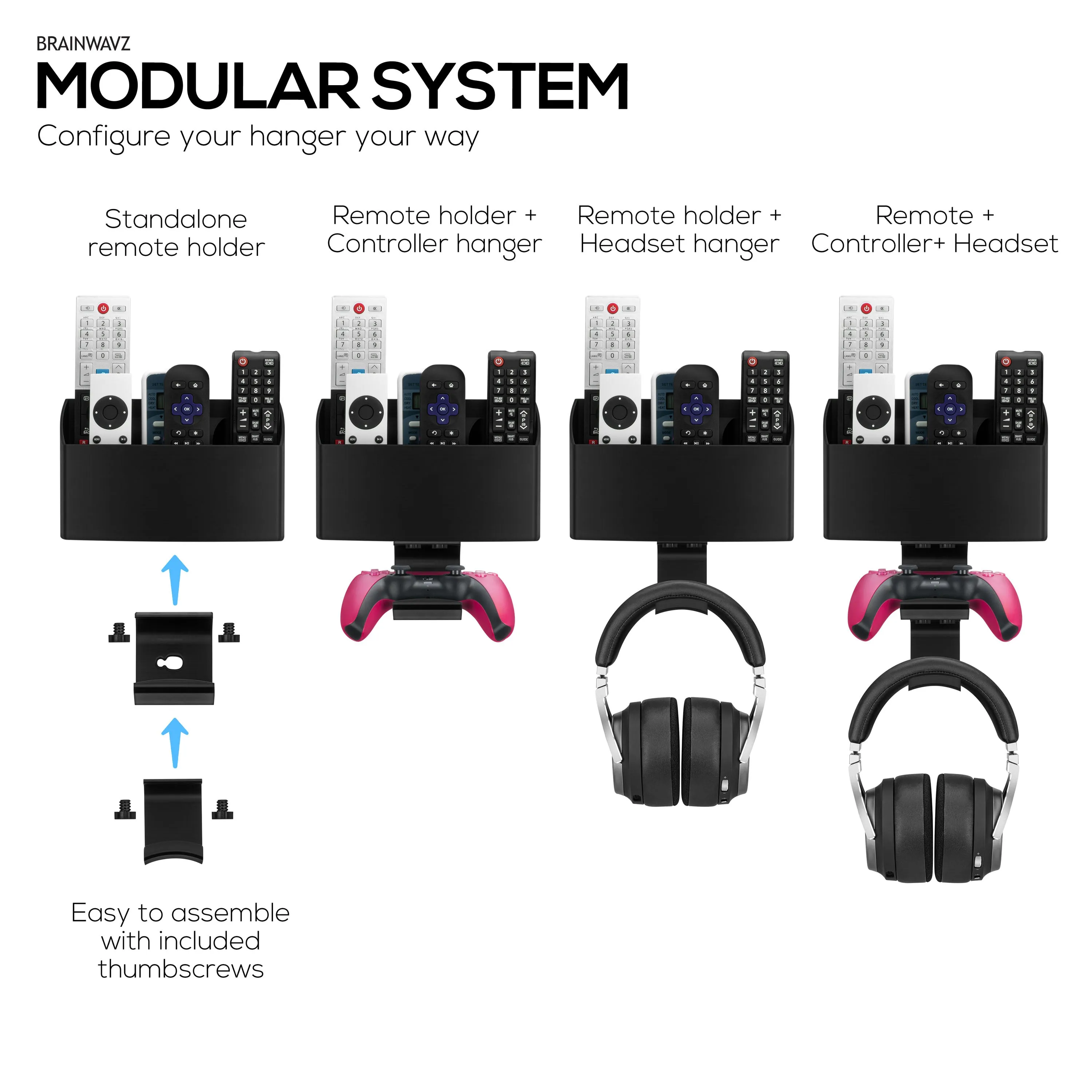Wall-Mounted TV Remote Control & Gaming Organizer  Remote Holder with Removable Headset & Controller Hangers