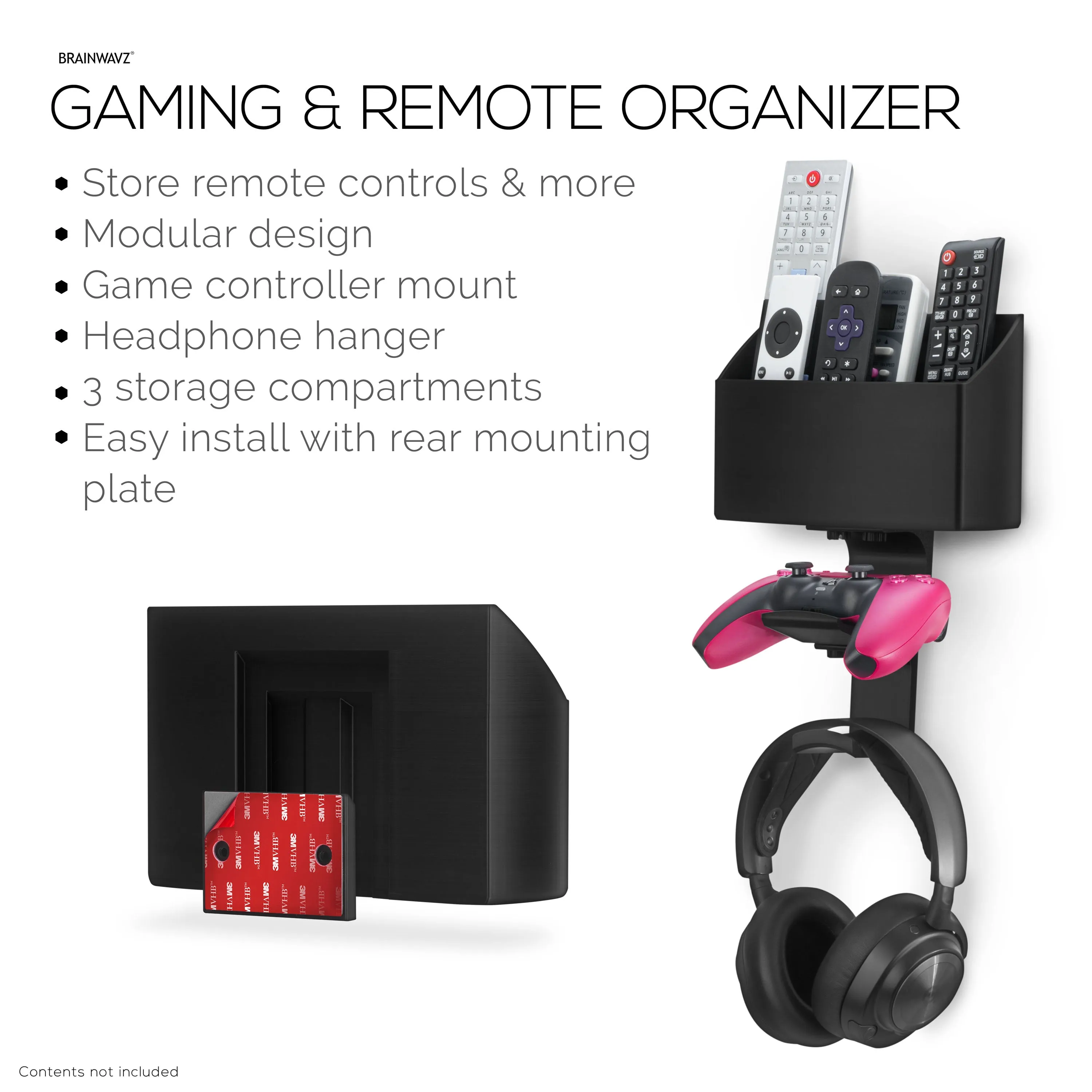 Wall-Mounted TV Remote Control & Gaming Organizer  Remote Holder with Removable Headset & Controller Hangers