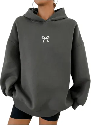 Women's Bowknot Graphic Pullover Hoodie Drop Shoulder Long Sleeve Hooded Sweatshirts