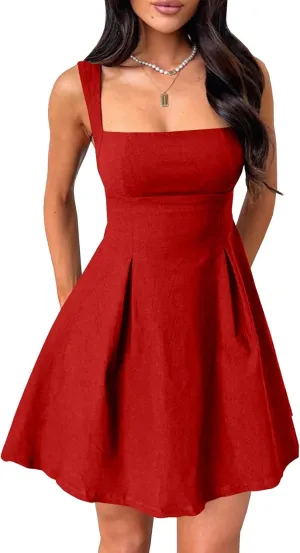 Womens Mini Party Dress Sleeveless Backless Bow Tie Square Neck Short Dress