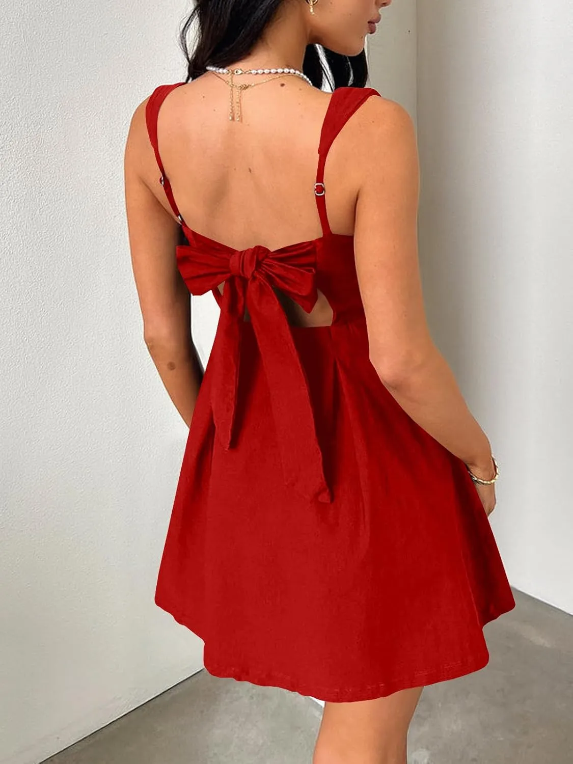 Womens Mini Party Dress Sleeveless Backless Bow Tie Square Neck Short Dress