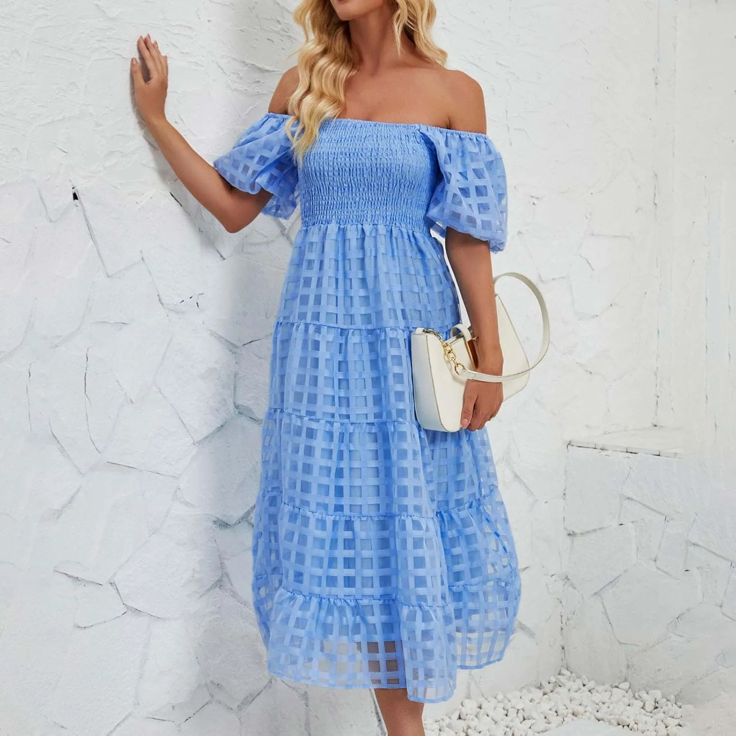 Women's Summer Dresses 2024 Puff Sleeve Plaid Square Neck High Waist Smocked Dress Loose Fit A-Line Flowy Midi Dress