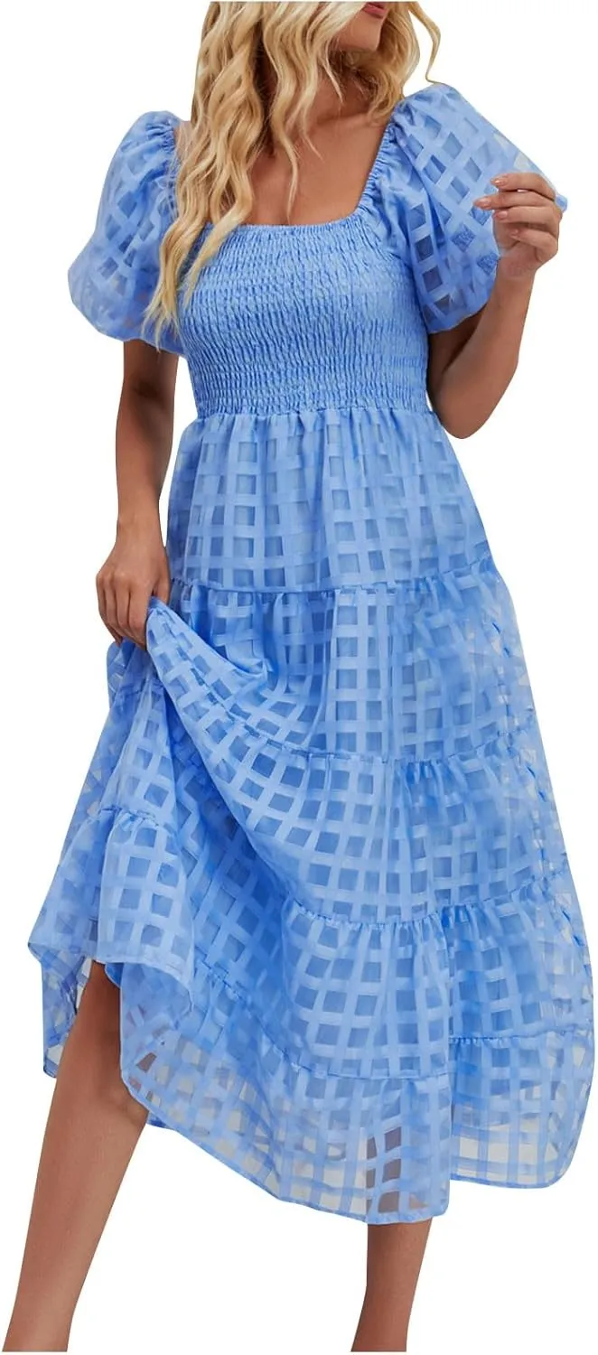 Women's Summer Dresses 2024 Puff Sleeve Plaid Square Neck High Waist Smocked Dress Loose Fit A-Line Flowy Midi Dress